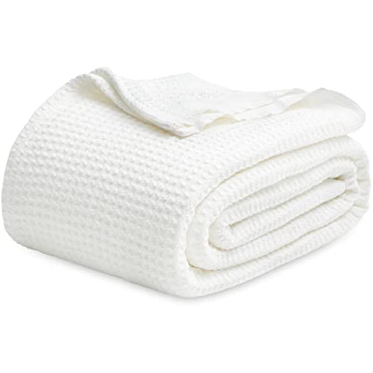 100% Cotton Blankets Queen Size for Bed - 405GSM Waffle Weave Blankets for Summer, White Soft Lightweight Woven Blankets for All Seasons, 90x90 inches