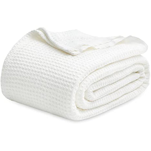 100% Cotton Blankets Queen Size for Bed - 405GSM Waffle Weave Blankets for Summer, White Soft Lightweight Woven Blankets for All Seasons, 90x90 inches