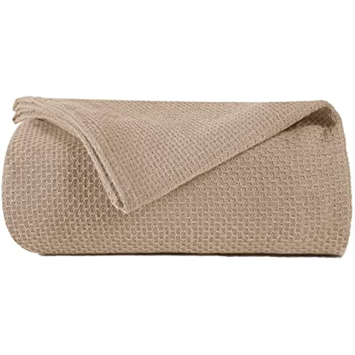 100% Cotton Bed Blanket, Breathable Thermal Blanket Full - Queen Size, Soft Honeycomb Waffle Blanket 90"x90", Cotton Bed Blanket, Perfect for Layering Any Bed for All Season, Beige