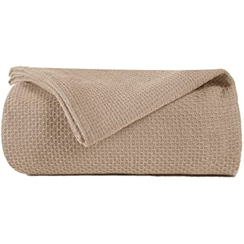 100% Cotton Bed Blanket, Breathable Thermal Blanket Full - Queen Size, Soft Honeycomb Waffle Blanket 90"x90", Cotton Bed Blanket, Perfect for Layering Any Bed for All Season, Beige