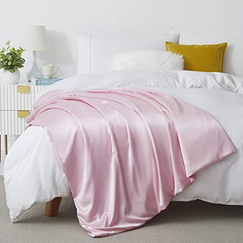 Silk Throw Blanket - Pink Cooling Packable Satin Blanket for Couch, Bed, Camping, Outdoor, Travel, Car - Super Soft Lightweight Cozy Blanket(50'' x 60'', Pink)