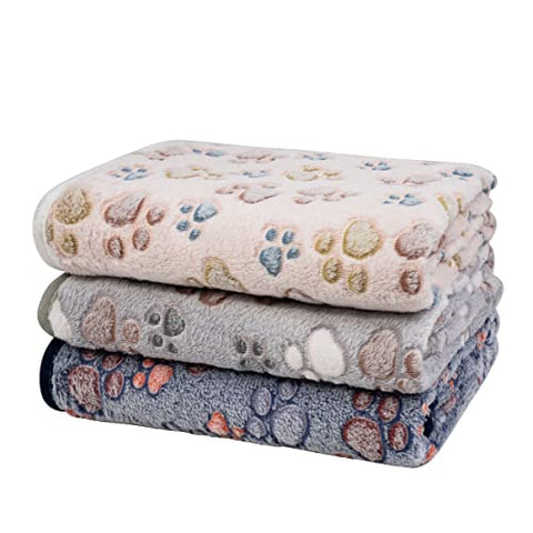1 Pack 3 Dog Blankets, Soft Fluffy Fleece Pet Blanket Warm Sleep Mat Paw Print Design Puppy Kitten Throw Blanket Doggy Mat, Blanket for Dogs