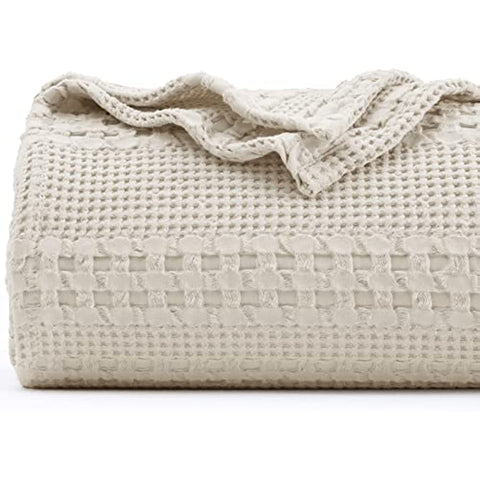 100% Cotton Waffle Weave Blanket King Size - Washed Soft Lightweight Blanket for All Season - Breathable and Skin-Friendly Blanket for Couch Bed Sofa 108"x90" - Light Khaki/Linen