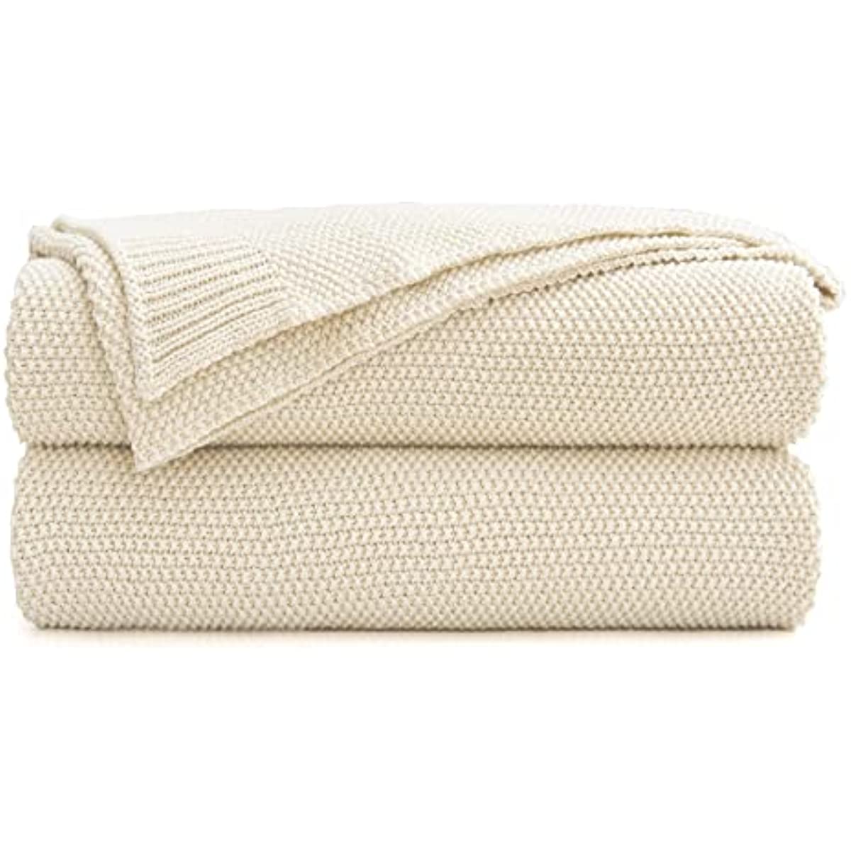 Bedding Cream Cotton Cable Knit Throw Blanket for Couch Sofa Bed, Home Decorative Throws, Lightweight Woven Throw Blankets with Bonus Laundering Bag, 50“ x 60”, Beige