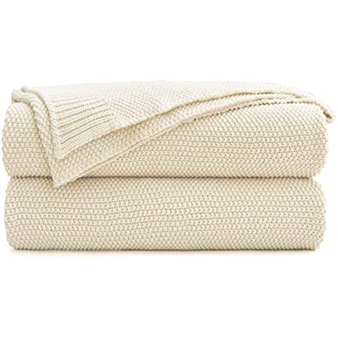 Bedding Cream Cotton Cable Knit Throw Blanket for Couch Sofa Bed, Home Decorative Throws, Lightweight Woven Throw Blankets with Bonus Laundering Bag, 50“ x 60”, Beige