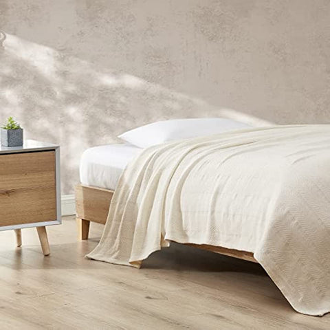 Queen Blanket, Lightweight Cotton Bedding, Home Decor for All Seasons (Herringbone Bone, Queen)