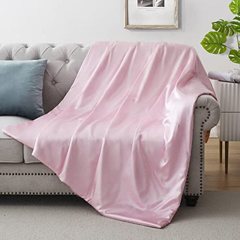 Silk Throw Blanket - Pink Cooling Packable Satin Blanket for Couch, Bed, Camping, Outdoor, Travel, Car - Super Soft Lightweight Cozy Blanket(50'' x 60'', Pink)