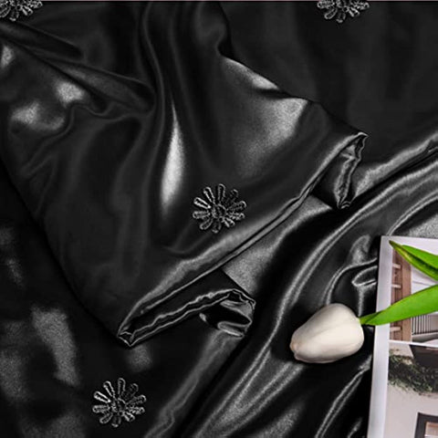Throw Blanket Black Satin Blankets 50x60 Inches(with Small Flowers), Cooling & Silky Throw Blanket Wrinkle-Free Cable Knit Throw Blanket for Coush Sofa Bed Outdoor