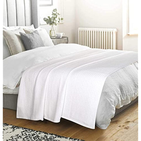 HOME 100% Cotton Bed Blanket, Breathable Bed Blanket King Size, Cotton Thermal Blankets King, Perfect for Layering Any Bed for All Season, White