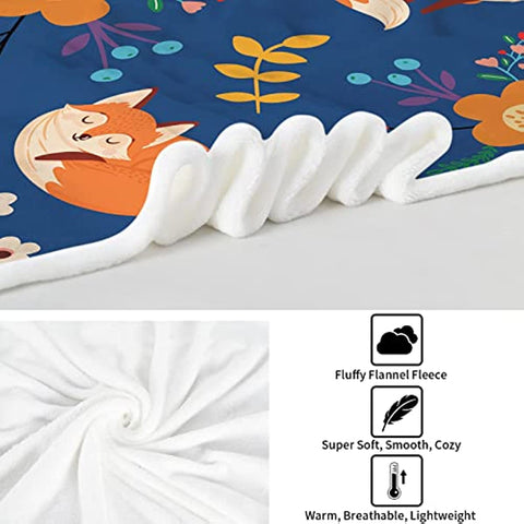 Fox Throw Blanket for Girls, Cute Fox and Flowers Throw Blanket, Soft Cozy Flannel Wildflowers Print Blankets, Blue Fluffy Warm Fuzzy Blankets for Teen Boys Women Gift Sofa Couch Bed Decor, 50x60 Inch
