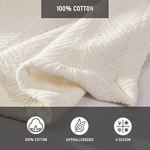 Queen Blanket, Lightweight Cotton Bedding, Home Decor for All Seasons (Herringbone Bone, Queen)