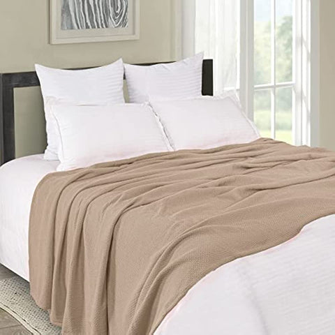 100% Cotton Bed Blanket, Breathable Thermal Blanket Full - Queen Size, Soft Honeycomb Waffle Blanket 90"x90", Cotton Bed Blanket, Perfect for Layering Any Bed for All Season, Beige