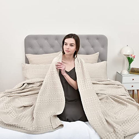 100% Cotton Waffle Weave Blanket King Size - Washed Soft Lightweight Blanket for All Season - Breathable and Skin-Friendly Blanket for Couch Bed Sofa 108"x90" - Light Khaki/Linen