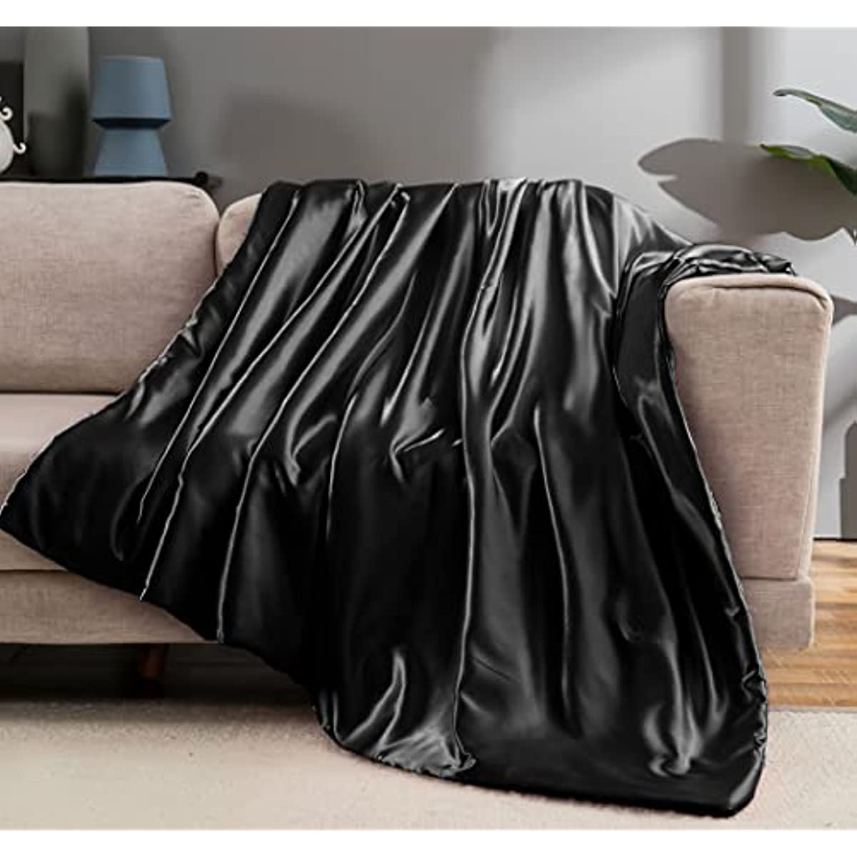 Throw Blanket Black Satin Blankets 50x60 Inches(with Small Flowers), Cooling & Silky Throw Blanket Wrinkle-Free Cable Knit Throw Blanket for Coush Sofa Bed Outdoor