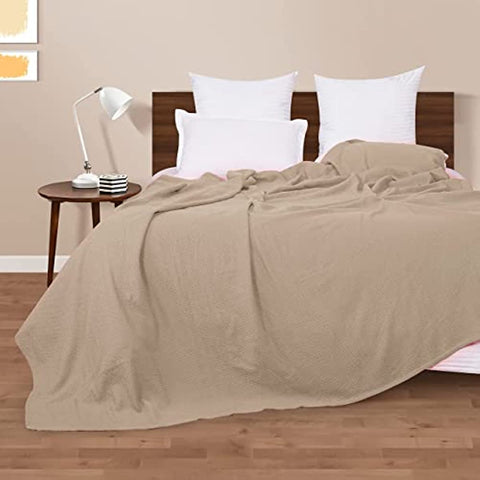 100% Cotton Bed Blanket, Breathable Thermal Blanket Full - Queen Size, Soft Honeycomb Waffle Blanket 90"x90", Cotton Bed Blanket, Perfect for Layering Any Bed for All Season, Beige