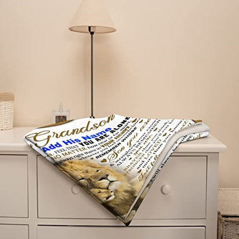 Personalized Grandson Name Blanket from Grandma Grandpa 40x50 Inches Custom Boy Name Gift Super Soft Lightweight Lions Throws Summer Travel Blankets Birthday Present Decor Bed Couch Sofa
