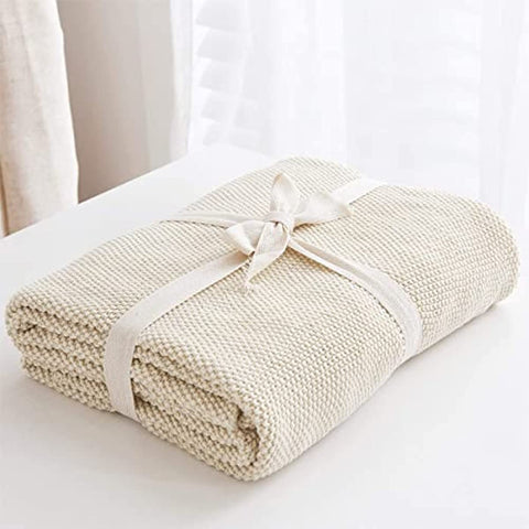 Bedding Cream Cotton Cable Knit Throw Blanket for Couch Sofa Bed, Home Decorative Throws, Lightweight Woven Throw Blankets with Bonus Laundering Bag, 50“ x 60”, Beige