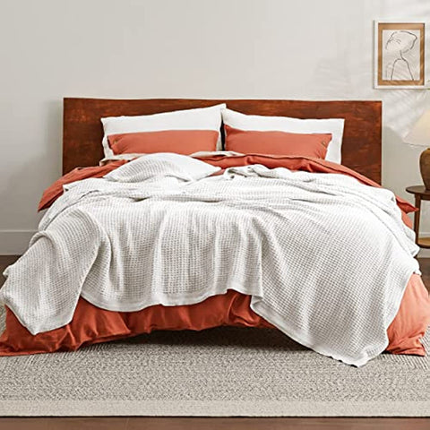 100% Cotton Blankets Queen Size for Bed - 405GSM Waffle Weave Blankets for Summer, White Soft Lightweight Woven Blankets for All Seasons, 90x90 inches