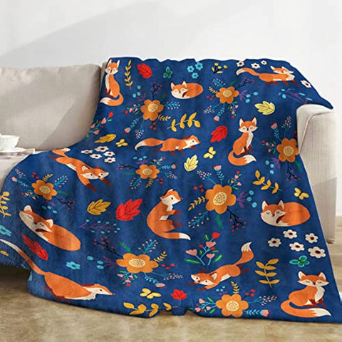 Fox Throw Blanket for Girls, Cute Fox and Flowers Throw Blanket, Soft Cozy Flannel Wildflowers Print Blankets, Blue Fluffy Warm Fuzzy Blankets for Teen Boys Women Gift Sofa Couch Bed Decor, 50x60 Inch