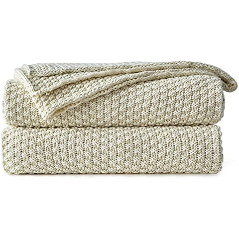 bedding Cream Knitted Throw Blanket for Couch, Soft, Cozy Machine Washable 100% Cotton Sofa Knit Blankets, Heavy 3.0lb Weight, 50 x 63 Inches, Beige Color