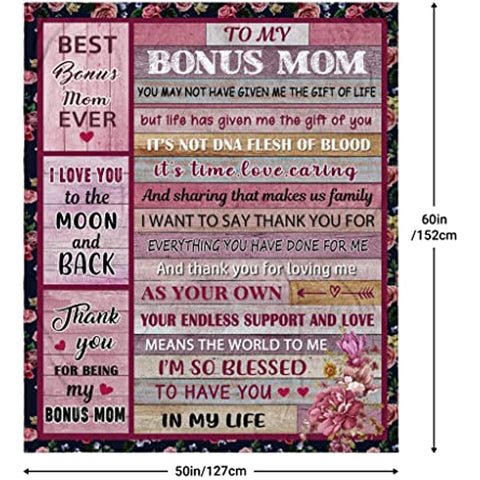 Mom Stepmom Gifts Blanket from Bonus Daughter Son, to My Bonus Mom Blankets for Birthday, Step Mom Gifts Soft Flannel Throw Blanket 50"x60"