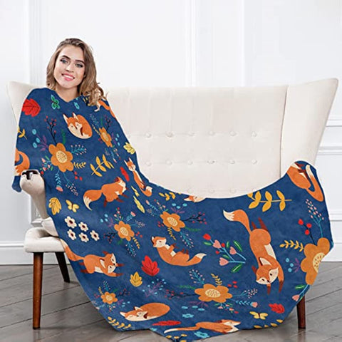 Fox Throw Blanket for Girls, Cute Fox and Flowers Throw Blanket, Soft Cozy Flannel Wildflowers Print Blankets, Blue Fluffy Warm Fuzzy Blankets for Teen Boys Women Gift Sofa Couch Bed Decor, 50x60 Inch