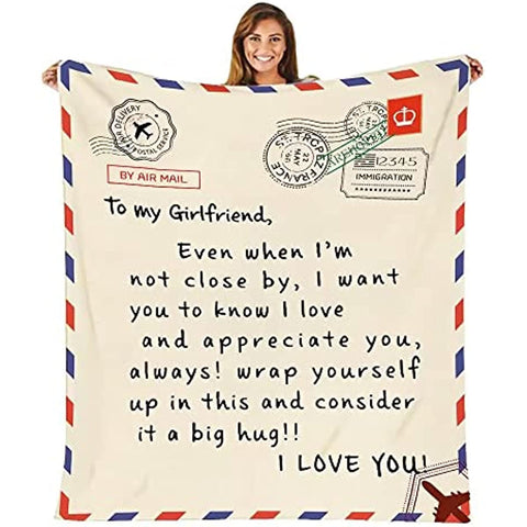 Valentines Day Gifts for Girlfriend Women I Love You Letters Blanket with Card, Birthday Present for Girl Friend Soft Fleece Throw Blanket 50”x 60”