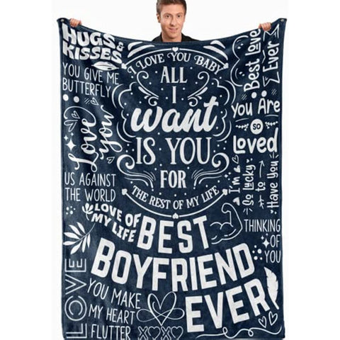 Boyfriend Blanket, Boyfriend Gifts, Best Boyfriend Ever, Love Sayings Flannel Blanket for Boyfriend, Soft Throw Blanket for Him, Gay Couple, BF, Man, Lovers - Blue 50 x 65 Inches