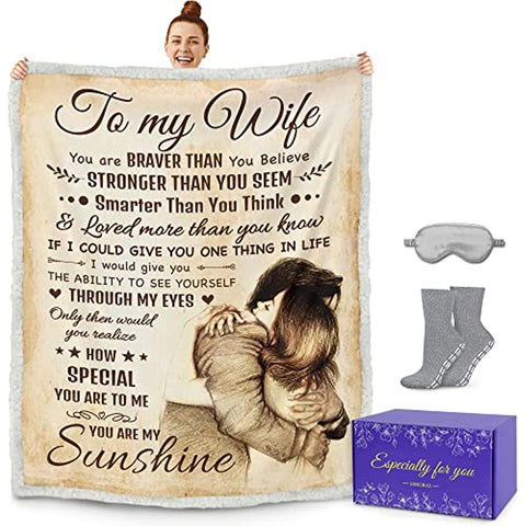 Wife Blanket with Sleep Mask, Socks and Gift Box - to My Wife Blanket from Husband for Christmas, Birthday, Valentines for Wife from Husband - Fleece Blanket, 60" x 50"