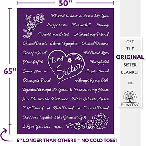 Sisters Gifts from Sister, Mothers Day Gifts for Sister, Sister Gifts Blanket, Unique Birthday Gifts for Sister from Brother, Sister Gifts from Brother, Throw Blanket 65” x 50” (Purple)