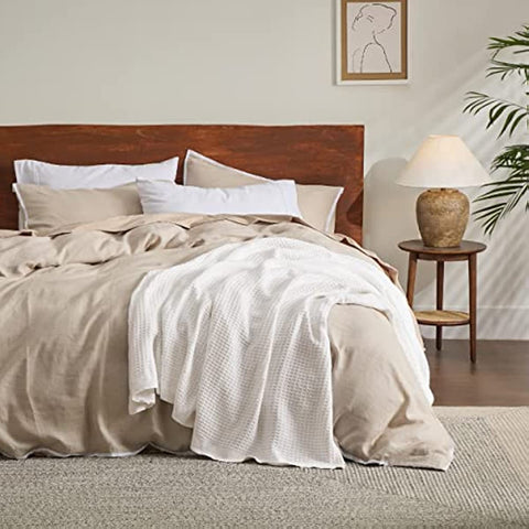 100% Cotton Blankets Queen Size for Bed - 405GSM Waffle Weave Blankets for Summer, White Soft Lightweight Woven Blankets for All Seasons, 90x90 inches