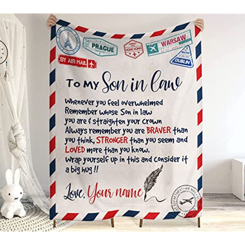 Personalized Air Mail Letter To My Son in law Throw Blankets, Gift To My Son Blanket From Mom,Gift To My Daughter, Granddaughter, Grandson From ,Customized Name, Custom Blanket for Birthday, Christmas