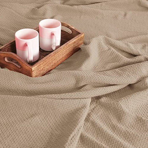 100% Cotton Bed Blanket, Breathable Thermal Blanket Full - Queen Size, Soft Honeycomb Waffle Blanket 90"x90", Cotton Bed Blanket, Perfect for Layering Any Bed for All Season, Beige