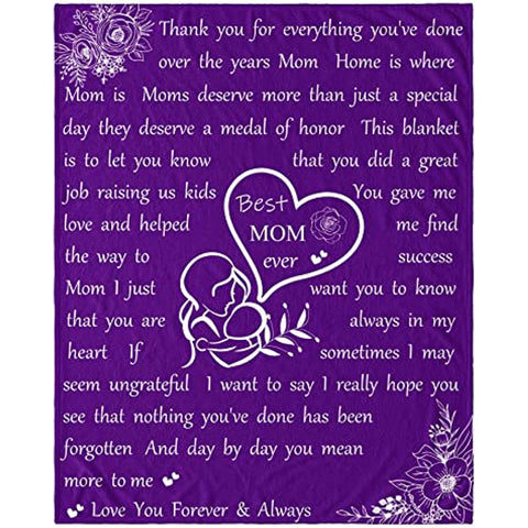 Mom Blanket Mother's Day Throw Blanket Gifts for Mom from Daughter Son Flower Butterfly Soft Flannel Lightweight Travel Plush Blankets Purple 40x50inch I Love You Mom
