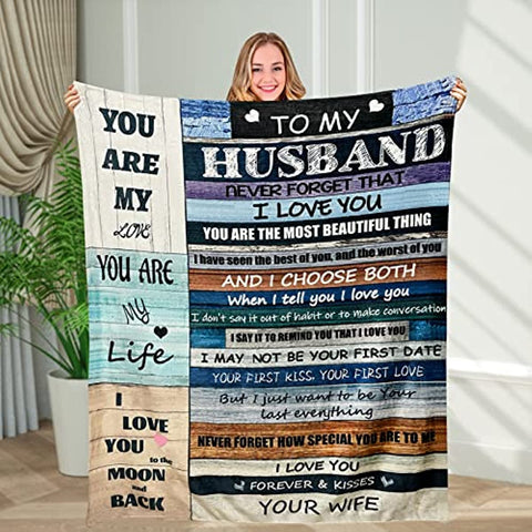 Valentines Day Birthday Gifts for Husband, Anniversary Wedding Gifts Ideas to My Husband Blanket from Wife, I Love You Presents Romantic Gift for him Ultra Soft Blanket for Men Boyfriend, 60''x50''