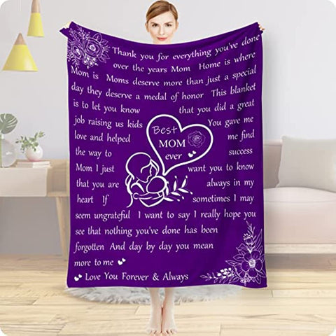 Mom Blanket Mother's Day Throw Blanket Gifts for Mom from Daughter Son Flower Butterfly Soft Flannel Lightweight Travel Plush Blankets Purple 40x50inch I Love You Mom