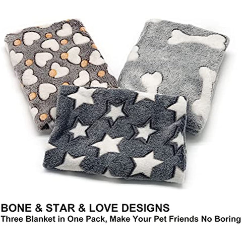 1 Pack 3 Puppy Blankets Super Soft Warm Sleep Mat Grey Cute Print Blanket Fluffy Fleece Pet Blanket Flannel Throw Dog Blankets for Small Dogs Puppy Dogs Fluffy Cats,Star&Bone&Love-Small(23"x15")
