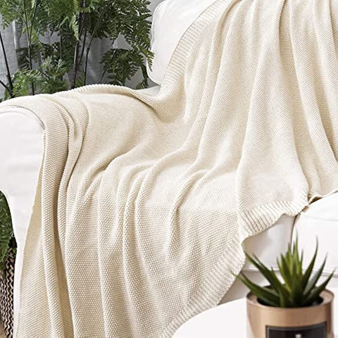 Bedding Cream Cotton Cable Knit Throw Blanket for Couch Sofa Bed, Home Decorative Throws, Lightweight Woven Throw Blankets with Bonus Laundering Bag, 50“ x 60”, Beige