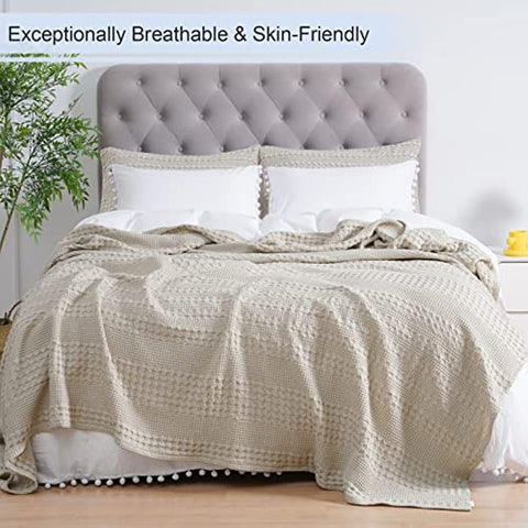 100% Cotton Waffle Weave Blanket King Size - Washed Soft Lightweight Blanket for All Season - Breathable and Skin-Friendly Blanket for Couch Bed Sofa 108"x90" - Light Khaki/Linen