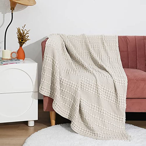 100% Cotton Waffle Weave Throw Blanket - Washed Soft Lightweight Blanket for All Season - Breathable and Skin-Friendly Blanket for Couch Bed Sofa 50"x60"- Light Khaki/Linen