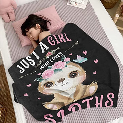 Just A Girl Who Loves Sloths Flannel Blanket, Soft Cozy Cute Sloth Throw Blanket for Baby Girls, 30x40 inch Black Fluffy Fleece Sloth Lover Plush Blanket for Newborn Toddler Gift Nursery Crib Supplies