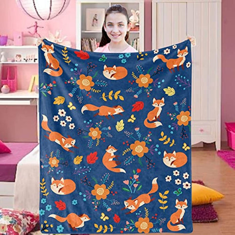 Fox Throw Blanket for Girls, Cute Fox and Flowers Throw Blanket, Soft Cozy Flannel Wildflowers Print Blankets, Blue Fluffy Warm Fuzzy Blankets for Teen Boys Women Gift Sofa Couch Bed Decor, 50x60 Inch