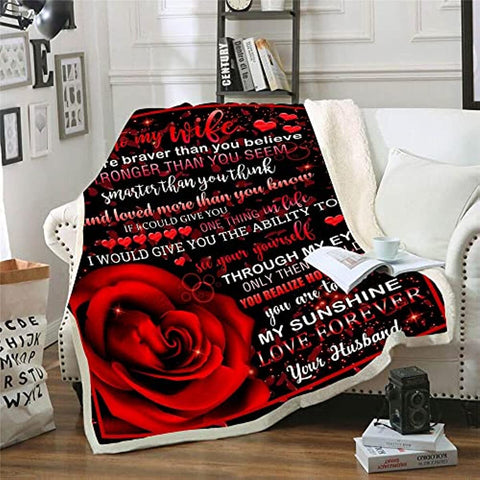 to My Wife Blanket,to My Wife Gifts from Husband Throw Blanket,Valentine Blanket Throw,Valentine Gifts for Women,Red Rose Valentine Day Gifts Blanket for Sofa Couch Decor 50"x 60"