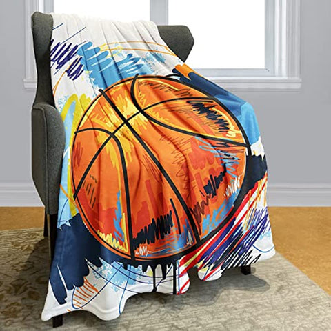 Watercolor Basketball Blanket, Colorful Line Graffiti Modernist Aesthetic Art Throw, Great Gifts for Boys and Girls, 50x60 Inches