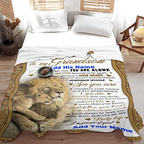 Personalized Grandson Name Blanket from Grandma Grandpa 40x50 Inches Custom Boy Name Gift Super Soft Lightweight Lions Throws Summer Travel Blankets Birthday Present Decor Bed Couch Sofa