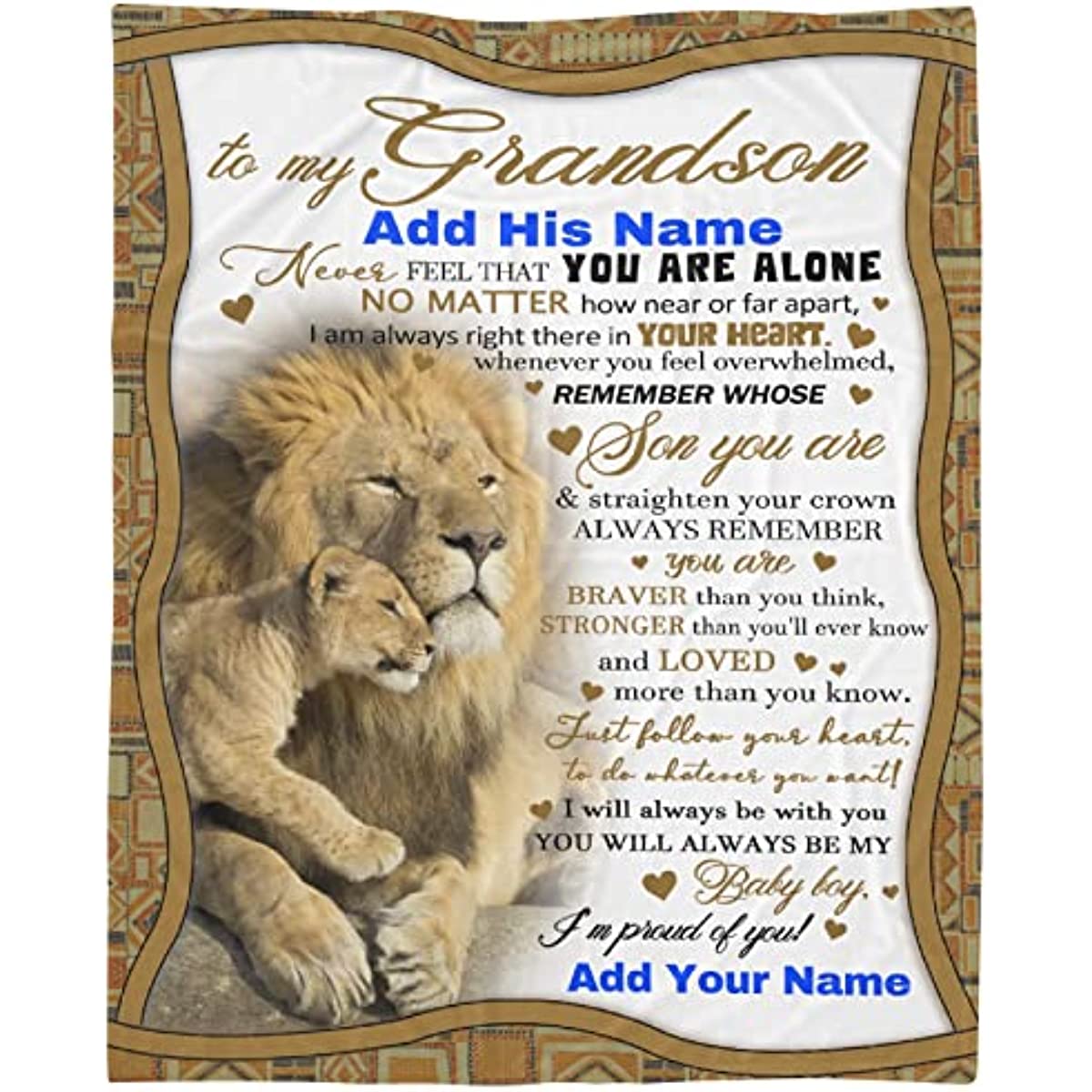 Personalized Grandson Name Blanket from Grandma Grandpa 40x50 Inches Custom Boy Name Gift Super Soft Lightweight Lions Throws Summer Travel Blankets Birthday Present Decor Bed Couch Sofa