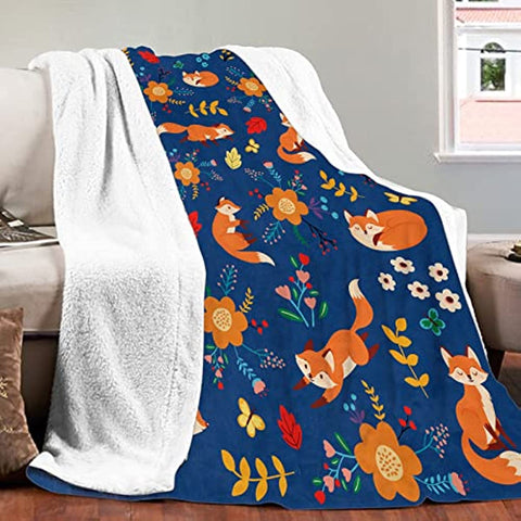 Fox Throw Blanket for Girls, Cute Fox and Flowers Throw Blanket, Soft Cozy Flannel Wildflowers Print Blankets, Blue Fluffy Warm Fuzzy Blankets for Teen Boys Women Gift Sofa Couch Bed Decor, 50x60 Inch