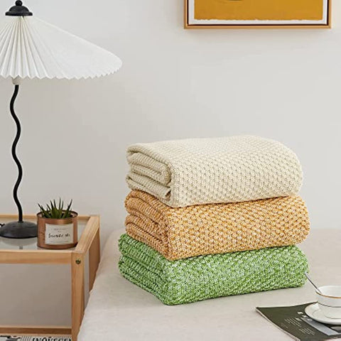 bedding Cream Knitted Throw Blanket for Couch, Soft, Cozy Machine Washable 100% Cotton Sofa Knit Blankets, Heavy 3.0lb Weight, 50 x 63 Inches, Beige Color
