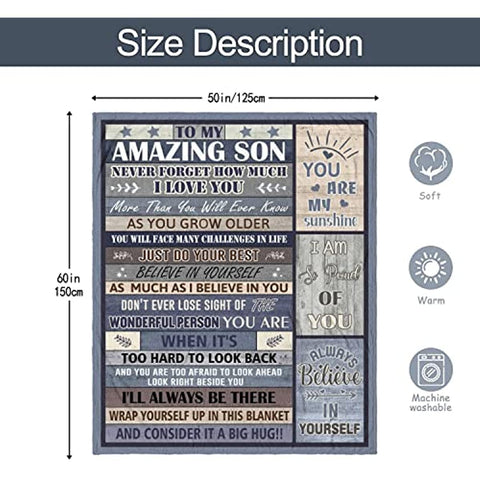 Son Gifts from Mom Blanket, Gifts for Son, Best Gifts for Grown Son, Mom to Son Gifts, To My Amazing Son - Back to School/Birthday/Graduation Gift Ideas for Son from Dad Throw Blankets 60"X50"
