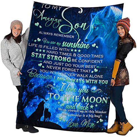 Son Gift Blanket from Mom, to My Son Blanket, Son Gifts from Mom Mother, Wolf Throws Blanket Super Soft Flannel Blanket for Graduation Valentines Day Wedding Birthday Gifts 60''x50''